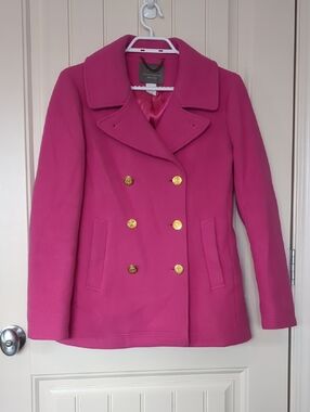 J. Crew Hot Pink Double-Breasted Peacoat with Gold Buttons